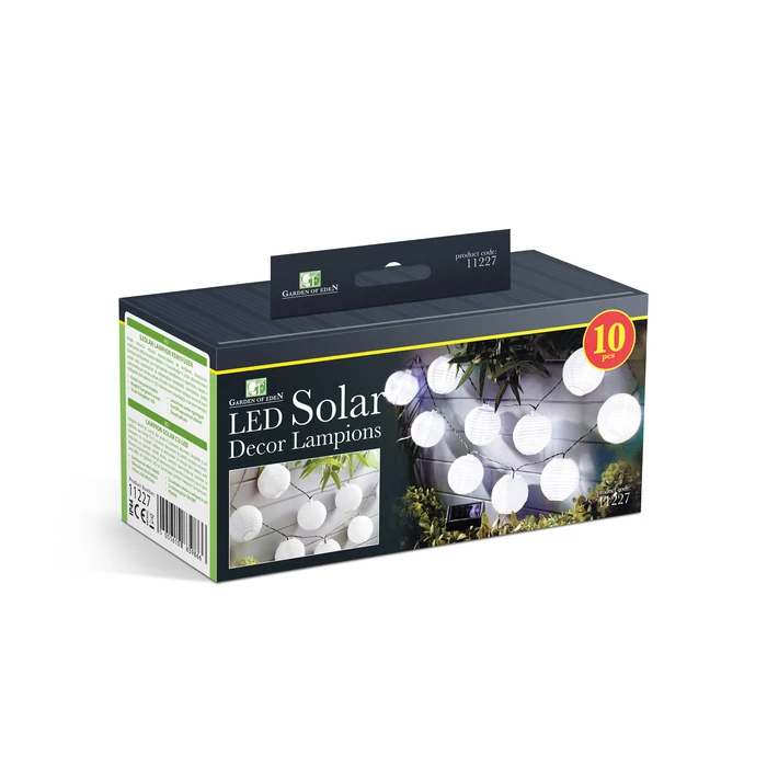 Napelemes lampion fényfüzér (10 db fehér lampion, hidegfehér LED,  3,7 m)
