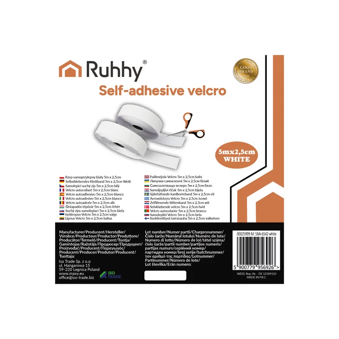 Öntapadó tépőzár szalag 5mx2,5cm fehér