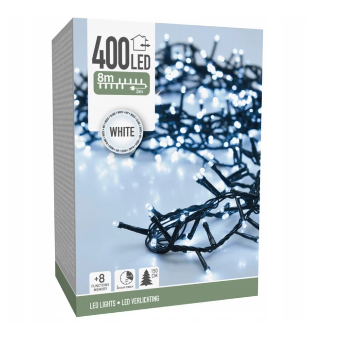 400 LED-es, 8 méteres kültéri/beltéri fényfüzér időzítővel, hidegfehér