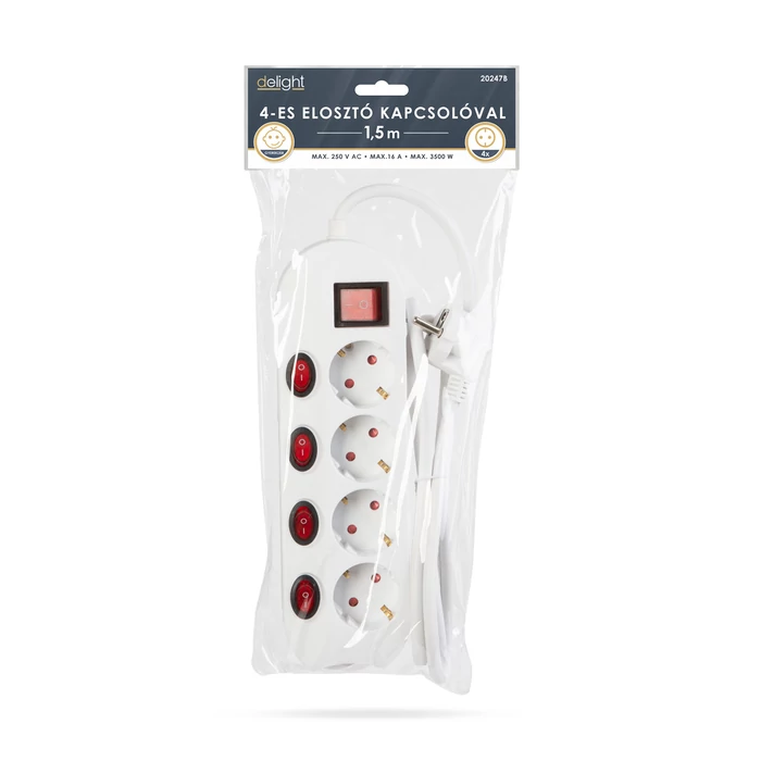 4-es elosztó - 4+1 kapcsolóval - 250 V, 16 A - 1,5 m