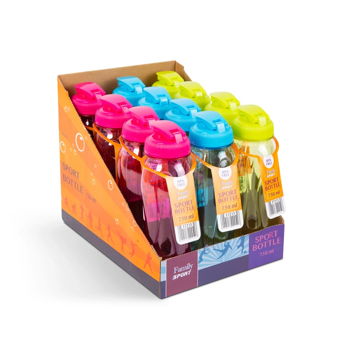 Sport kulacs - műanyag, átlátszó - 750 ml - 3 színben