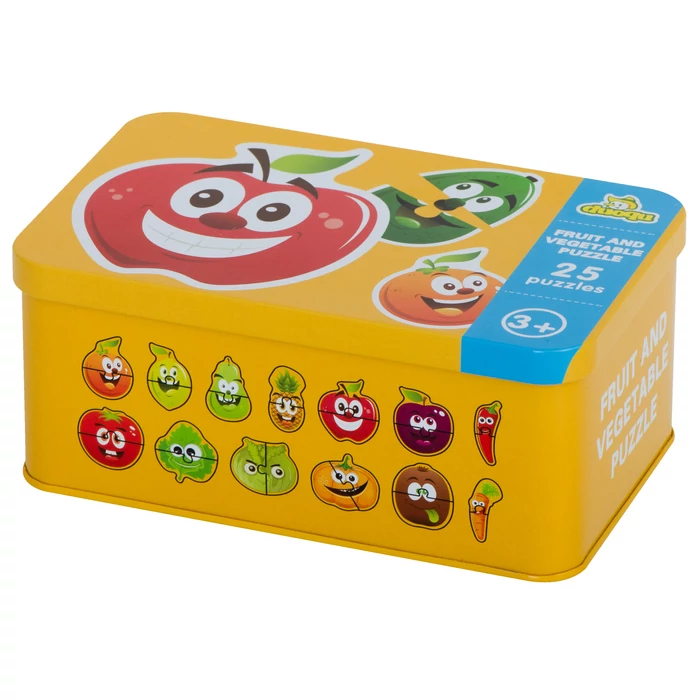 25 db gyümölcs-zöldség puzzle alumíniumdobozban
