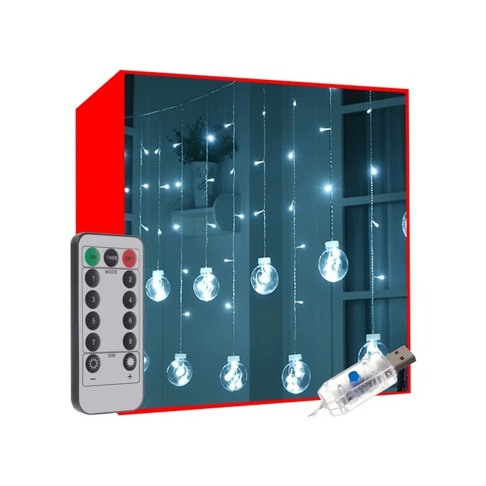 Gömb LED fényfüggöny (108LED, USB, hideg fehér)
