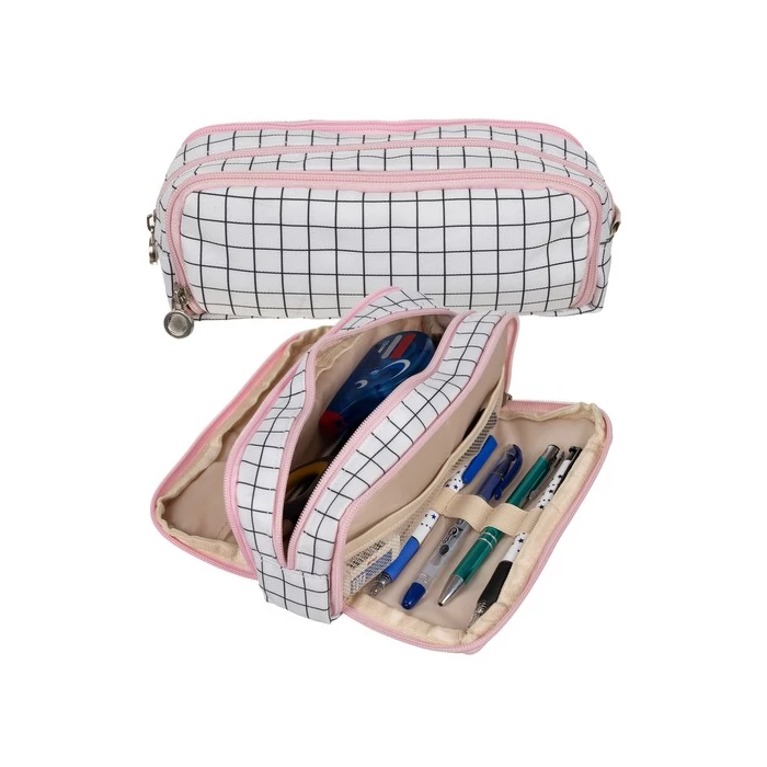 Három részes kockás tolltartó rózsaszín 