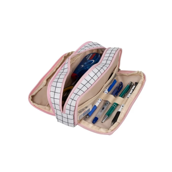 Három részes kockás tolltartó rózsaszín 