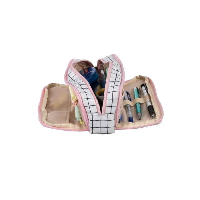 Három részes kockás tolltartó rózsaszín 