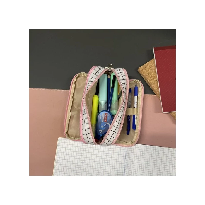 Három részes kockás tolltartó rózsaszín 