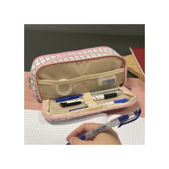 Három részes kockás tolltartó rózsaszín 