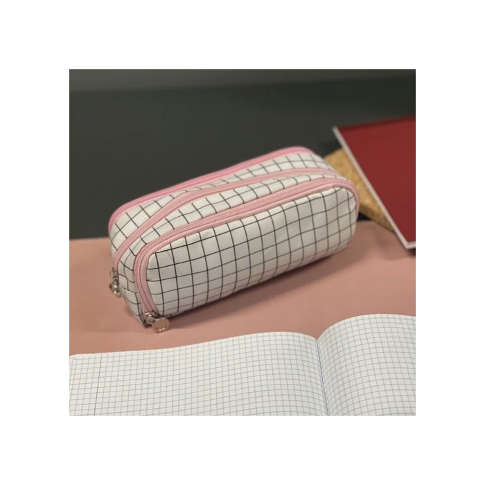 Három részes kockás tolltartó rózsaszín 