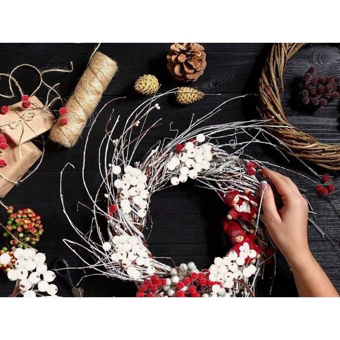 Karácsonyi dekoráció, fehér galagonya, 5 db