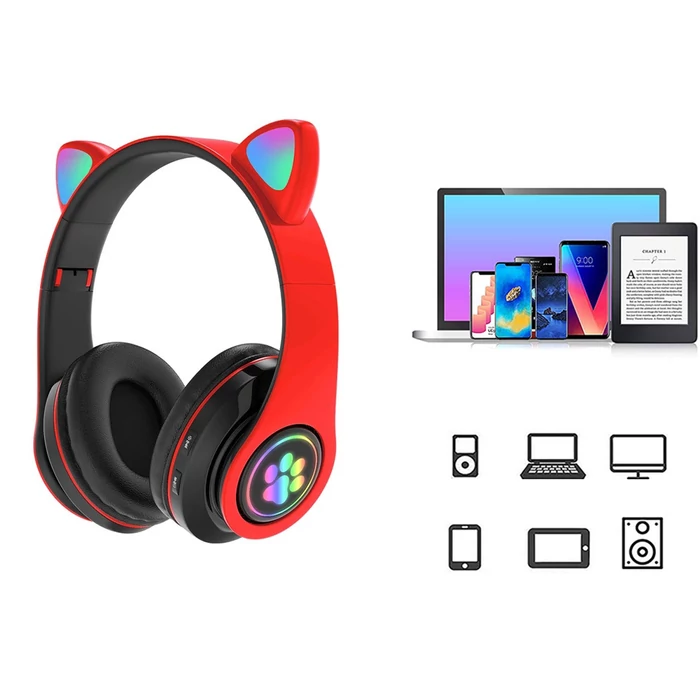 Vezeték nélküli Bluetooth fejhallgató cicafülekkel, piros