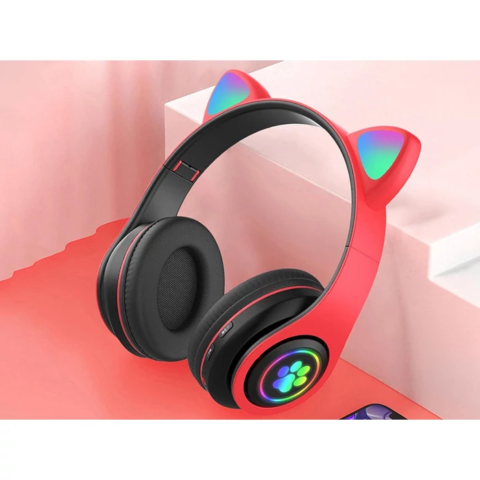 Vezeték nélküli Bluetooth fejhallgató cicafülekkel, piros