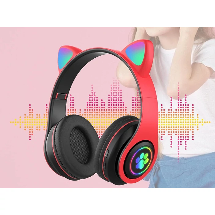 Vezeték nélküli Bluetooth fejhallgató cicafülekkel, piros