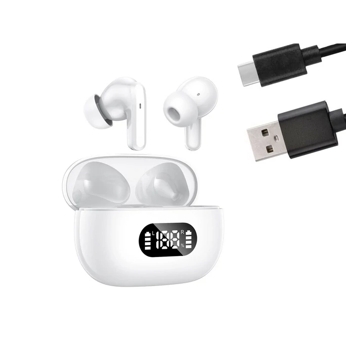 Vezeték nélküli Bluetooth fülhallgató töltő tokkal, mikrofonnal, fehér