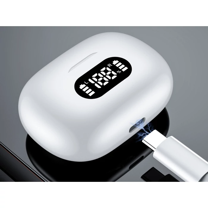 Vezeték nélküli Bluetooth fülhallgató töltő tokkal, mikrofonnal, fehér