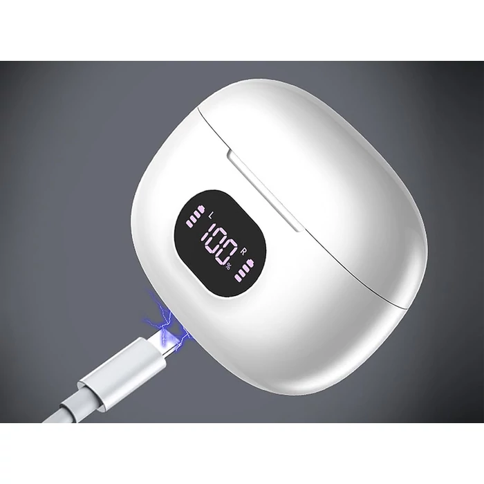 Vezeték nélküli Bluetooth fülhallgató töltő tokkal, mikrofonnal, fehér