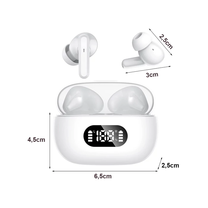 Vezeték nélküli Bluetooth fülhallgató töltő tokkal, mikrofonnal, fehér