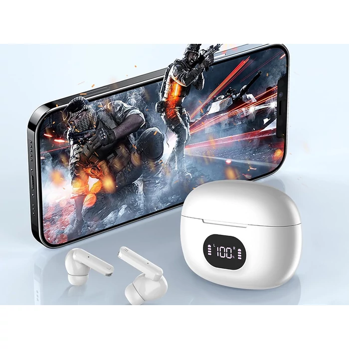 Vezeték nélküli Bluetooth fülhallgató töltő tokkal, mikrofonnal, fehér