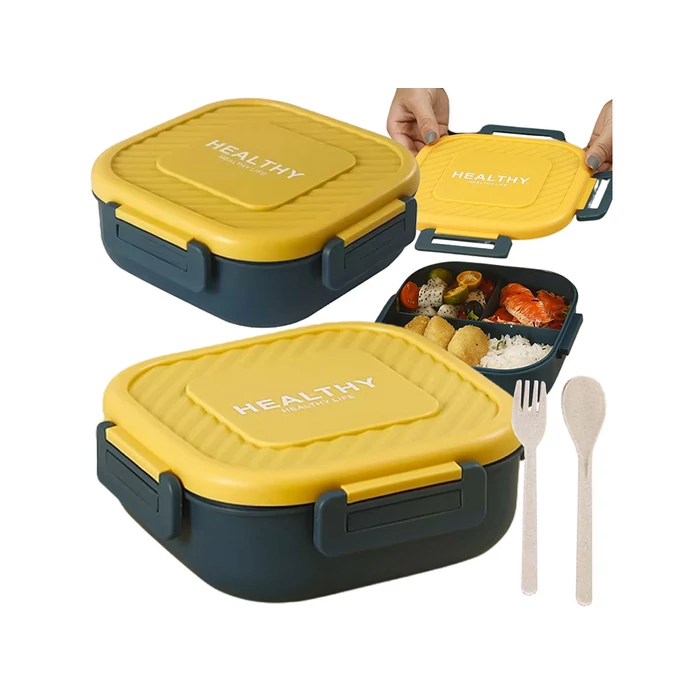 3 rekeszes ételhordó doboz evőeszközkészlettel, zöld-sárga