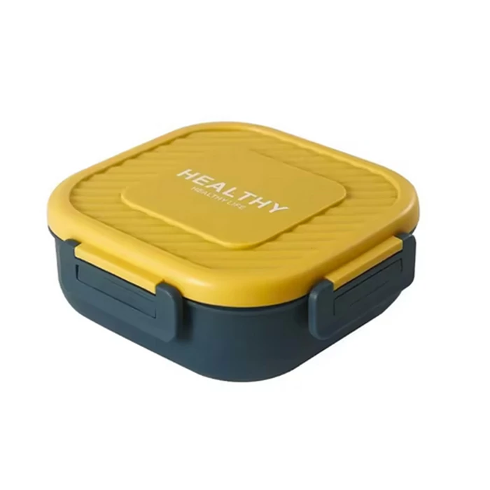 3 rekeszes ételhordó doboz evőeszközkészlettel, zöld-sárga