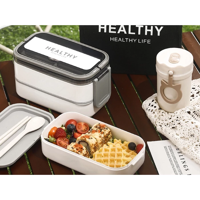 Kétszintes éthordó evőeszközökkel, 1.4 L, fehér