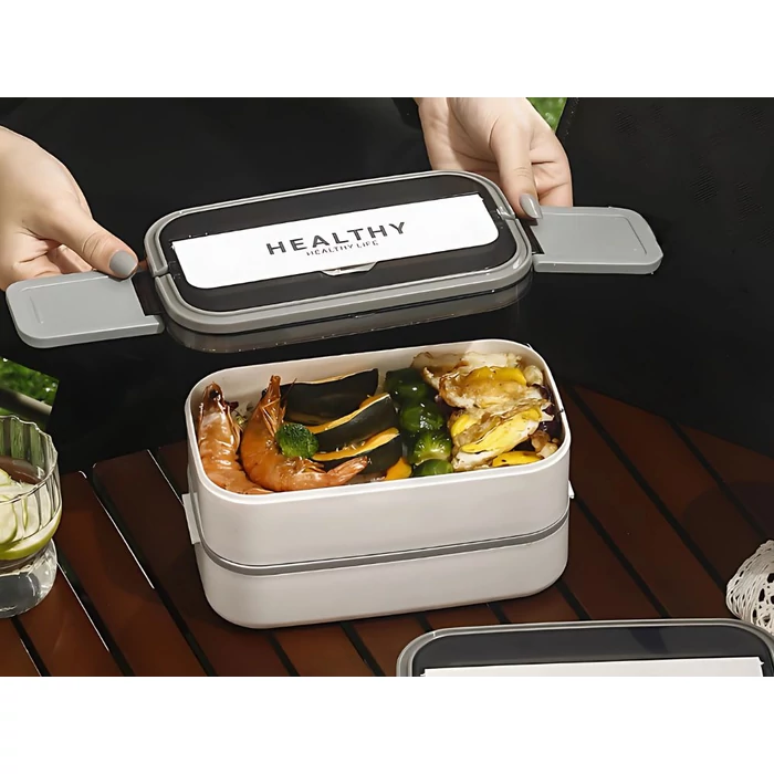 Kétszintes éthordó evőeszközökkel, 1.4 L, fehér