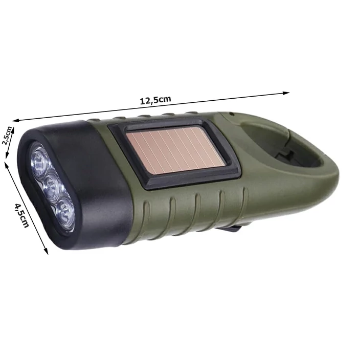 3 LED-es dinamós zseblámpa kiegészítő napelemmel, zöld