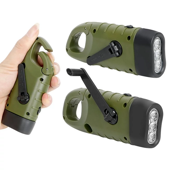 3 LED-es dinamós zseblámpa kiegészítő napelemmel, zöld