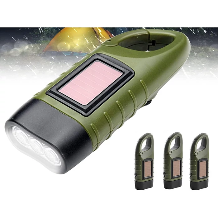 3 LED-es dinamós zseblámpa kiegészítő napelemmel, zöld